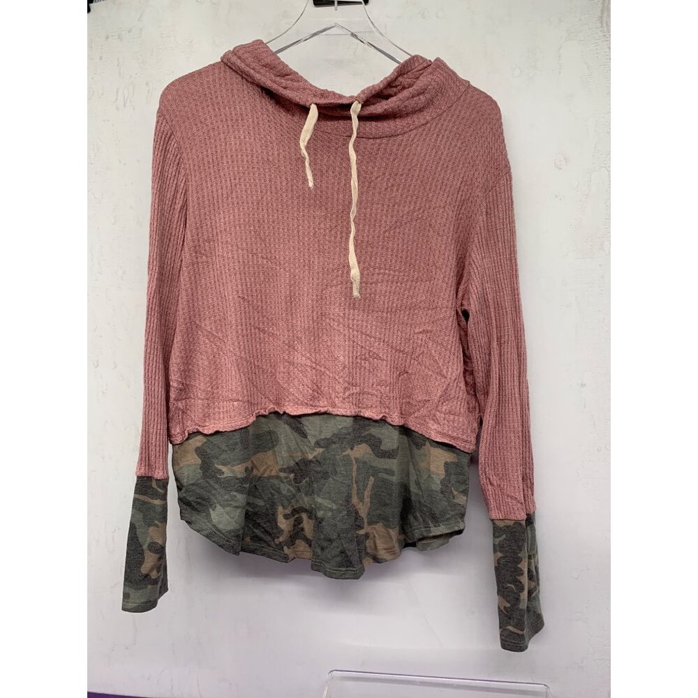 Seventh Ray Women’s Large Pink Waffle Knit with Camo Print Long Sleeve Shirt 7th